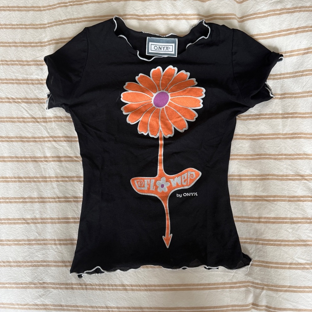 Onyx Black Tee with Orange Floral Design